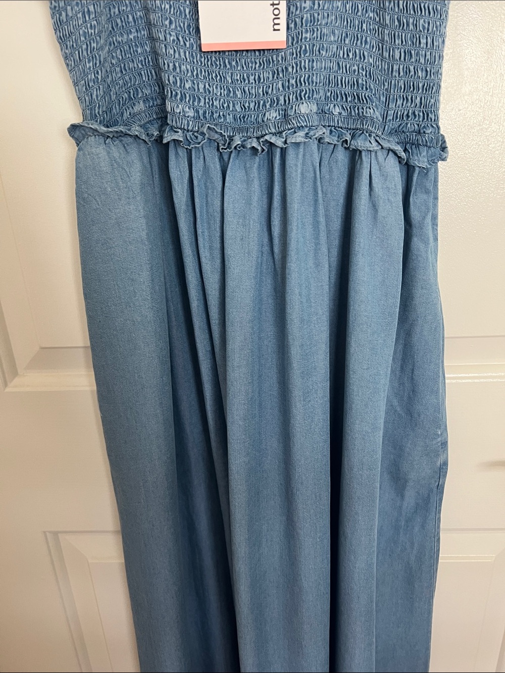 Motherhood Maternity Blue Chambray Maxi Skirt Dress with Ruffle Straps - Picture 3 of 13